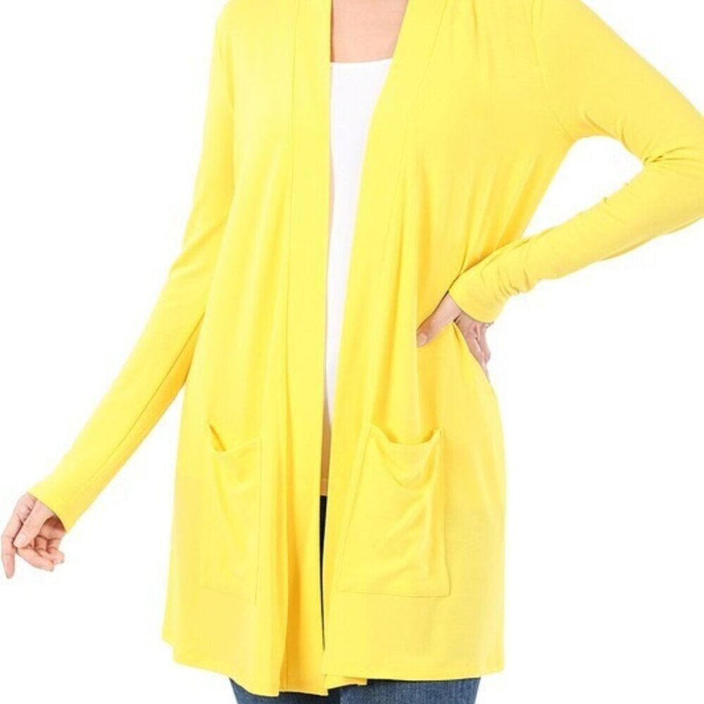 NEW Zenana M  Yellow Jersey Knit Cardigan Long Sleeve Open Front Pockets Cozy